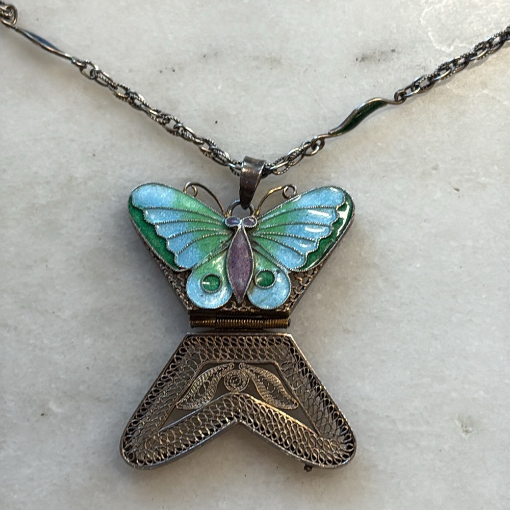 Vintage Chinese Cloisonné butterfly necklace, stamped silver (china) - Picture 2 of 10